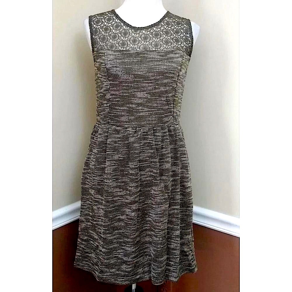 Woven Olive Green Crochet Lace Accent ModCloth Dress Pockets Ara Cottage Small